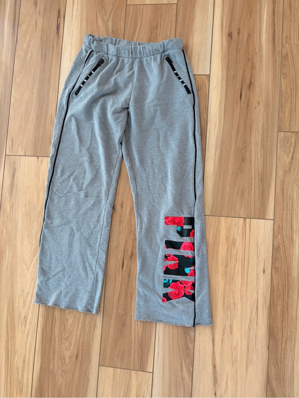 PINK Victoria's Secret Gray Track Pants with Floral Logo
